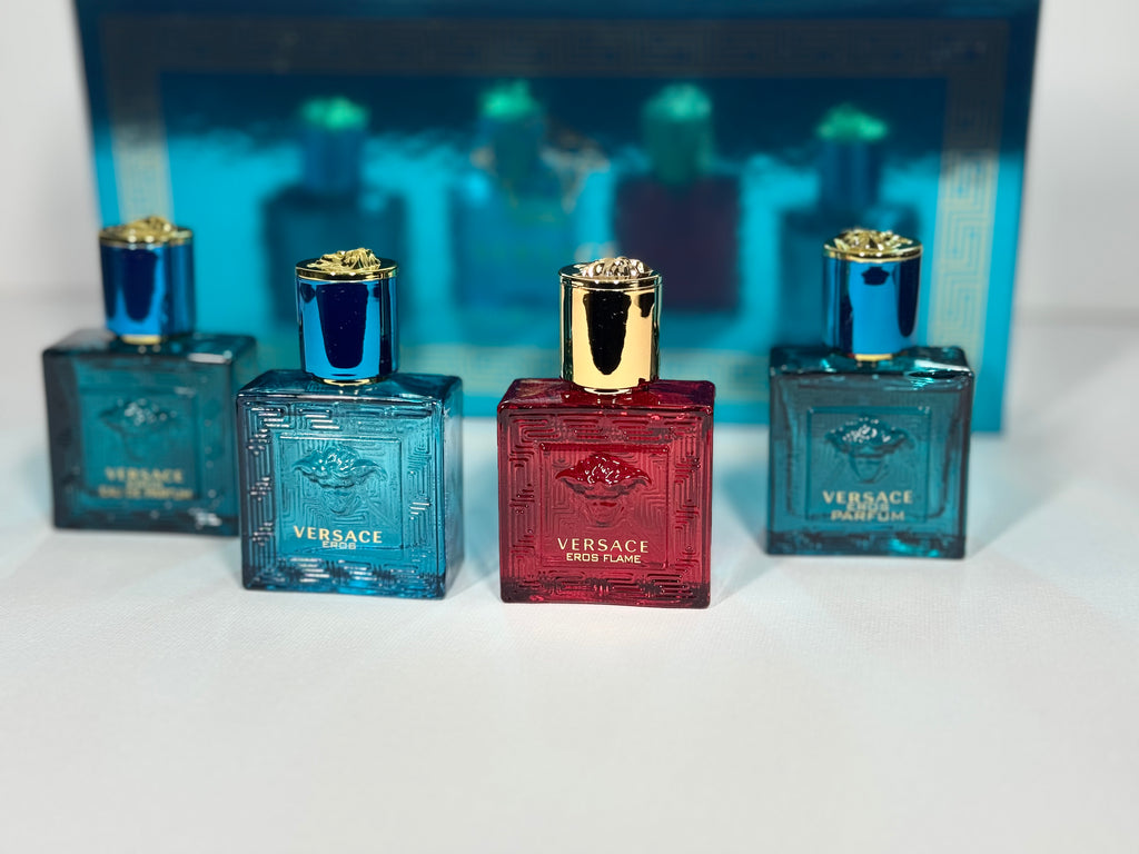 Versace Eros Men’s Gift Set – 4 Mini Perfumes Eros EDT, EDP, Parfum, Eros Flame 5ml