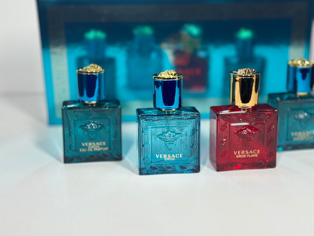 Versace Eros Men’s Gift Set – 4 Mini Perfumes Eros EDT, EDP, Parfum, Eros Flame 5ml